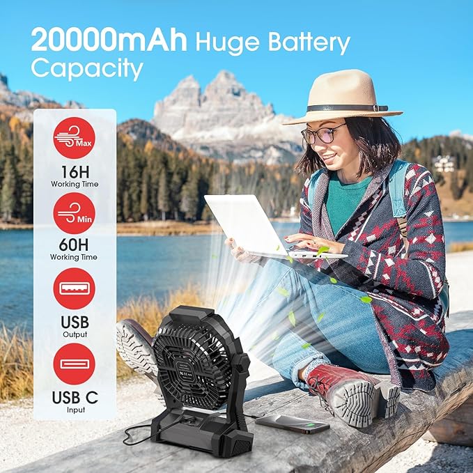 ONLYNEW Portable Fan Rechargeable, 20000mAh Cordless Battery Powered Fan with LED Lantern Battery Operated for Camping Travel Bedroom Home Tent Office Beach Desk Fishing Table