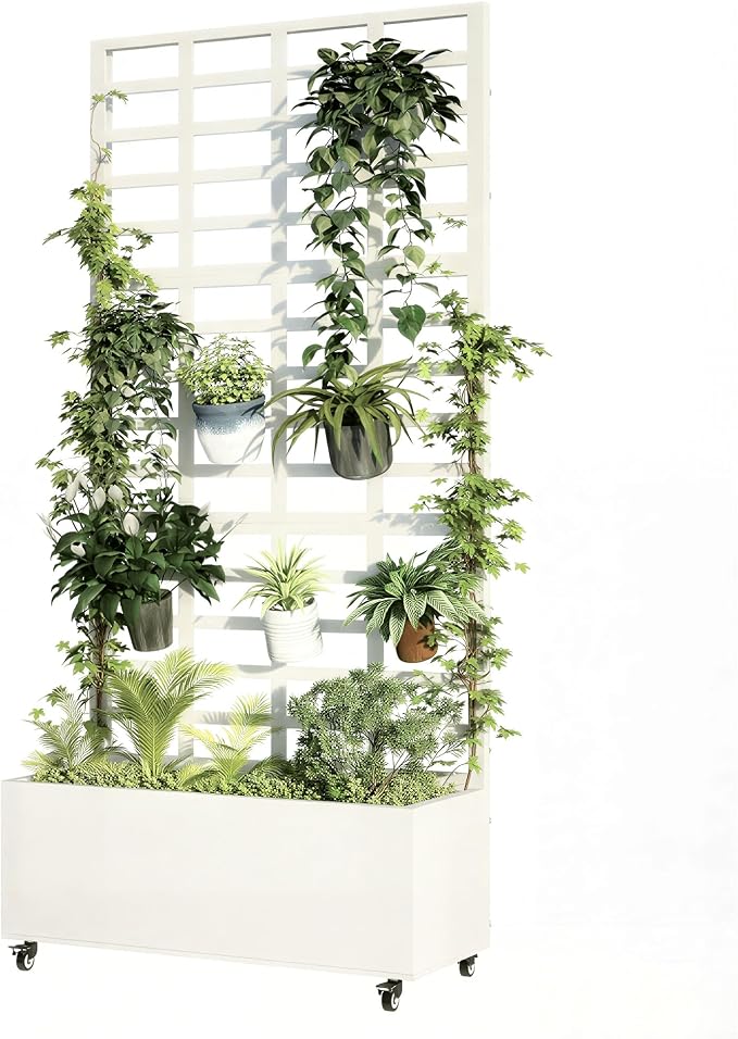 Metal Planter Box with Trellis for Climbing Plants, 74.8"x35.83"x15.16" Raised Garden Bed with Privacy Screen, Outdoor Planter with Drainage Holes, White