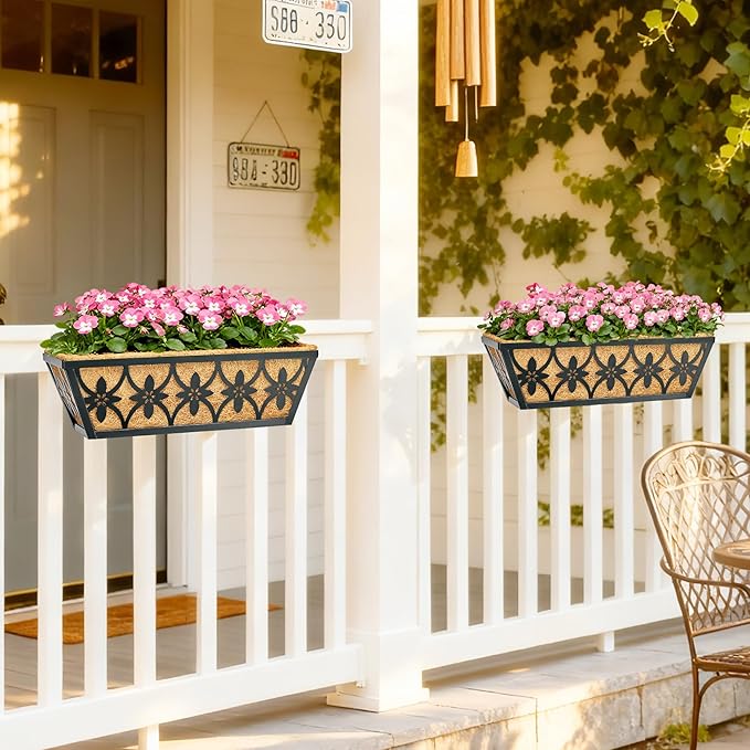16 Inch Window Boxes Planters Railing Planter Box - 2 Pack Deck Railing Planter Boxes with Adjustable Brackets Coco Liners Balcony Planters Railing Hanging for Window Flower Boxes Outdoor Garden Decor