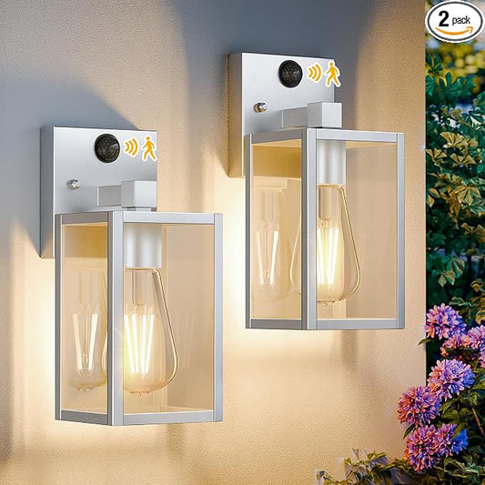 2 Pack Silver Motion Sensor Outdoor Light Fixtures Wall Mount, Dusk to Dawn Front Porch Lights for House, Exterior Wall Sconce, Waterproof Lantern Lamp,Outside Coach Light for Garage Entryway Yard