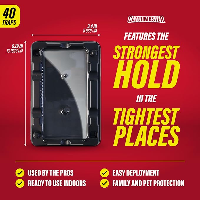 Catchmaster-40 Mouse & Insect Glue Traps, Heavy-Duty Pesticide-Free Sticky Mouse Traps Indoor for Home, Used by the PROs, Adhesive Rodent & Bug Catcher, Pest Control for House & Garage