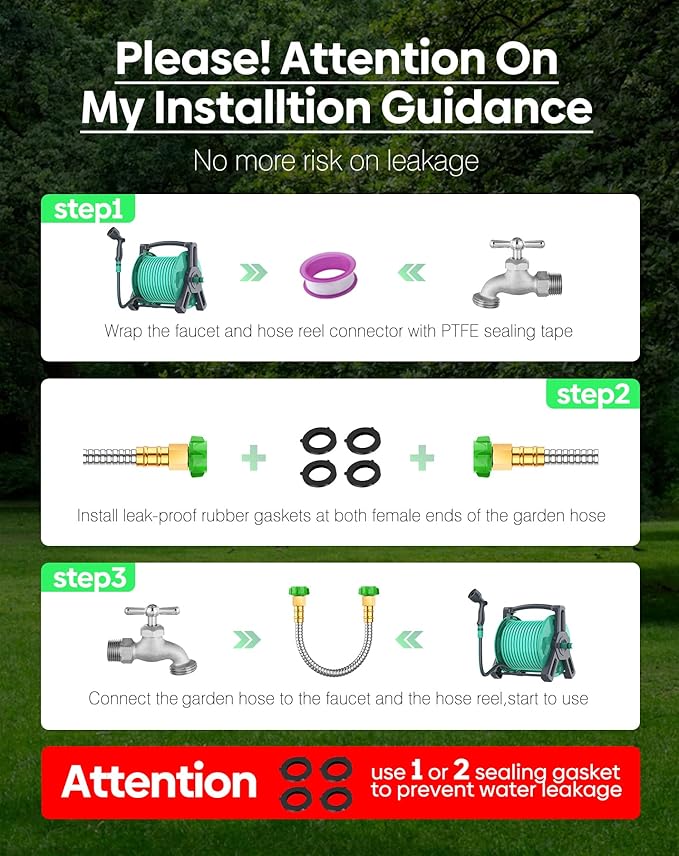 Short Metal Garden Hose 15ft with Female to Female Connector, Stainless Steel Small Leader Hose for Hose Reel, Long, Flexible, Lightweight & Heavy Duty Water Pipe, Outdoor Water Hose Extension Adapter