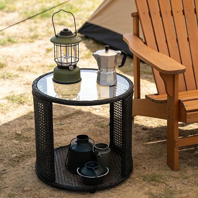 Patio Rattan Side Table - Outdoor Wicker Fashionable Side Table with Large Storage, Round End Table with Glass Table Top for Garden, Backyard, Porch, Deck, Black