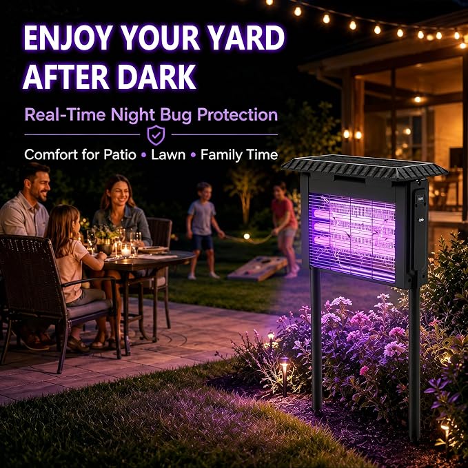 KING&DUKE Solar Bug Zapper Outdoor, 4000V Mosquito Zapper, Smart Rain Sensor, 2-in-1 Insect Trap and Patio Light for Yard Patio Camping