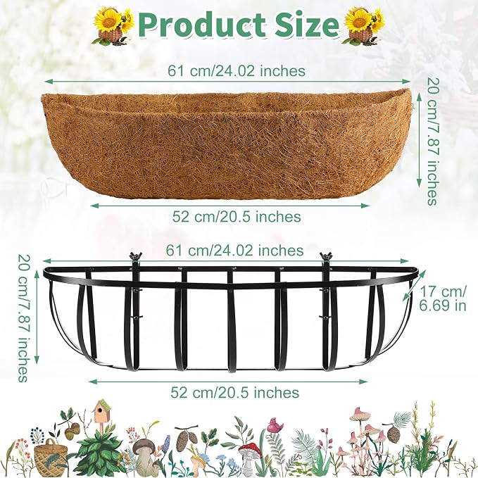 Tessco for you 3 Pieces Railing Planter Boxes, 24 Inches Window Box Planters with Coco Liner and Adjustable Brackets for Deck Porch Fence Patio Balcony Gardening Outdoor Plants