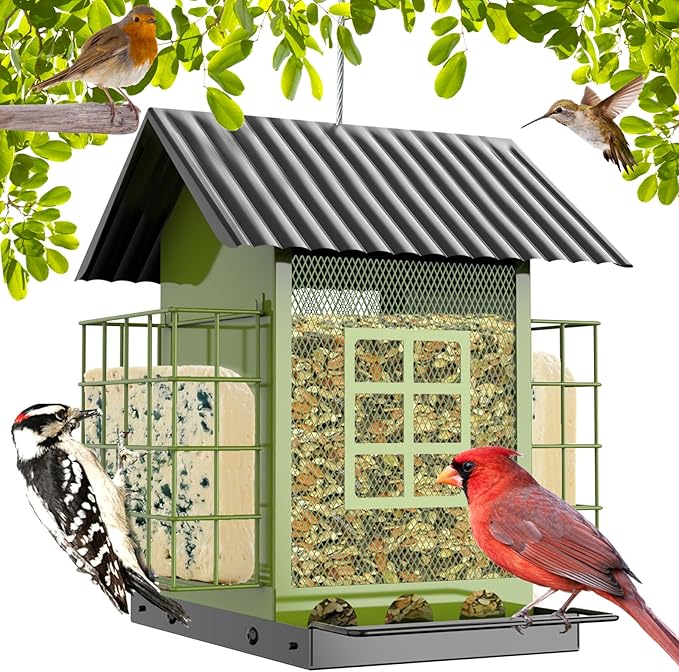 FlowaFoli Bird Feeders for Outdoors Hanging, Metal Bird Feeder with Double Suet Cage Cake, Large Capacity, Birdfeeders Sturdy & Weatherproof, Easy to Clean & Refill, Great for Attracting Wild Birds