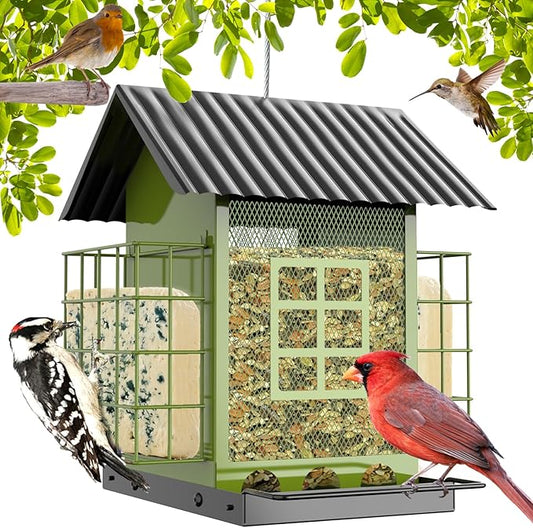 FlowaFoli Bird Feeders for Outdoors Hanging, Metal Bird Feeder with Double Suet Cage Cake, Large Capacity, Birdfeeders Sturdy & Weatherproof, Easy to Clean & Refill, Great for Attracting Wild Birds