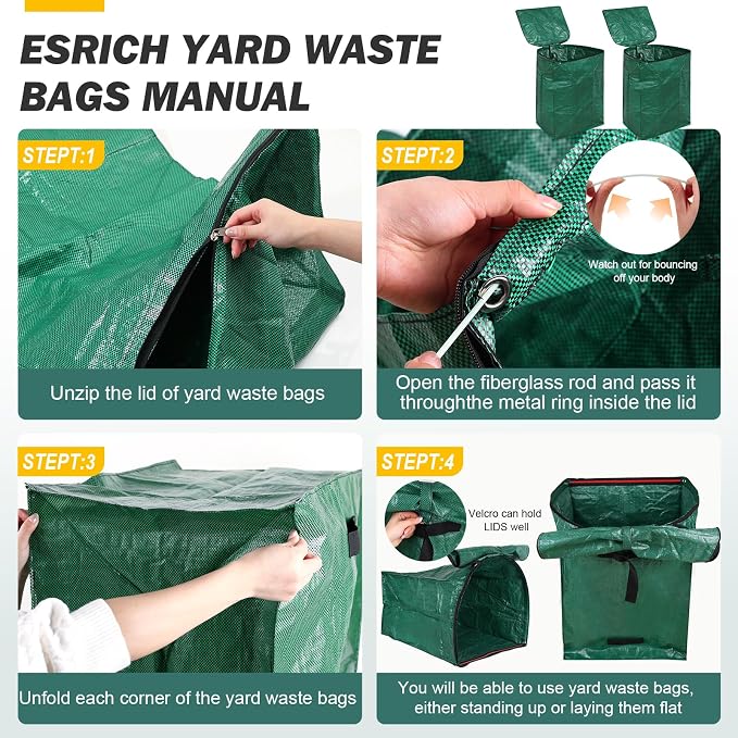 2 Pack 53 Gallons Yard Waste Bags, Reusable Heavy Duty Lawn and Leaf Bags with Lid & Gardening Gloves, Large Dustpan Lawn Bags, Collapsible Garden Waste Container for Leaves Grass Clippings Debris