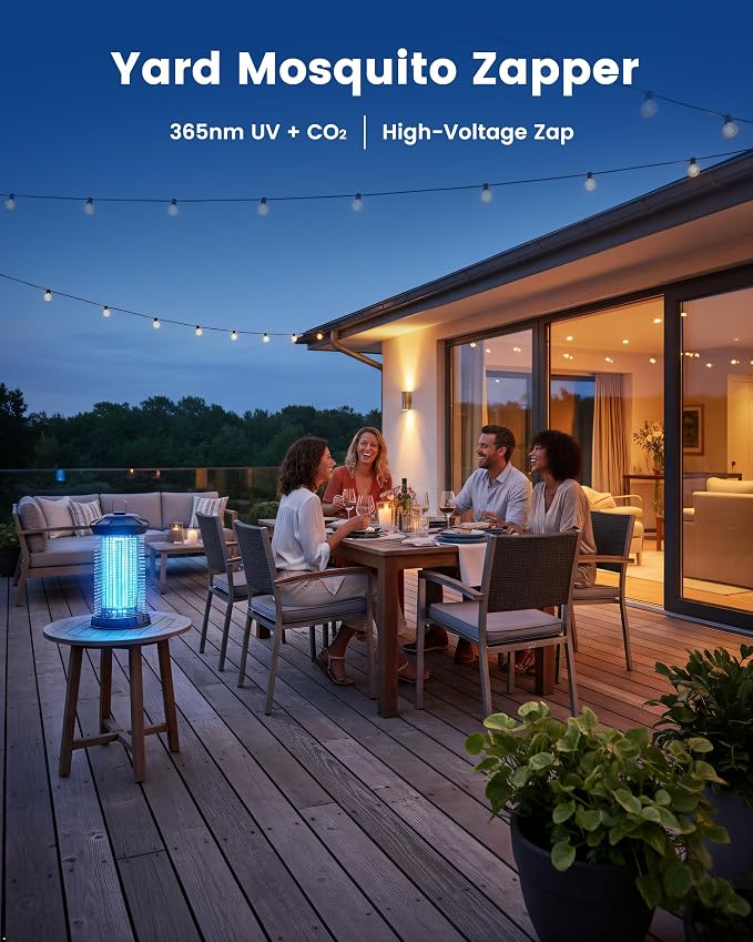 Outdoor Bug Zapper, IPX5 Mosquito Zapper with Dual Lure 365nm Light & 36℃ Body Heat CO2 Mimic, 4200V Smart High Voltage Insect Trap for Patio Backyard Garden