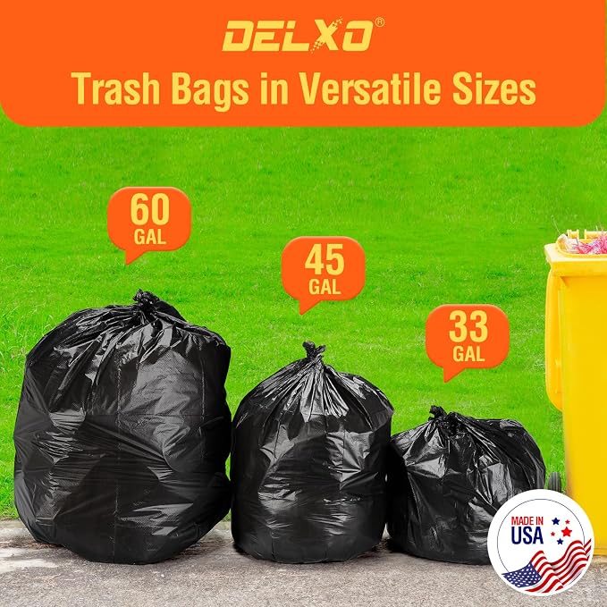 Delxo 30-33 Gallon Trash Bags, 250 Count – Medium Duty Garbage Bags, Thick, Durable & Puncture-Resistant Plastic Bolsas para basura, Perforated Design– Made in USA for Kitchen, Yard, Office (Black)