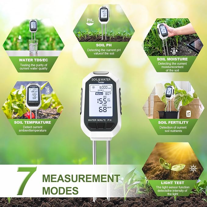 Soil Moisture Meter, 7-in-1 Digital Plant Water&Soil with EC/TDS/Fertility/PH/Temp/Mois/Sunlight Intensity Backlight LCD Display Soil Test Meter for Gardening, Farming and Outdoor Plants
