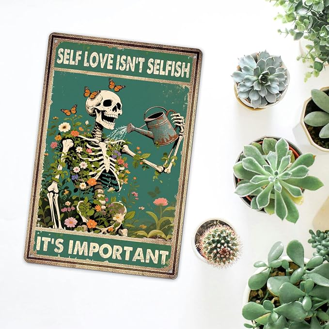 Vintage Skull Decor Metal Signs Mental Health Wall Art Retro Skeleton Posters - Self Love Isn't Selfish It's Important Sign, Decorations for Home, Garden, Bedroom, Living Room Decor Gifts 8x12 Inch