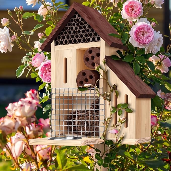 Hoteam Wooden Insect Hotel Bee Ladybugs Butterfly House Large Natural Mason Bee Lady Bug Hotel with Stake and Feeder for Garden Yard Backyard Attract Butterflies Pollinators Beneficial Insect(Brown)