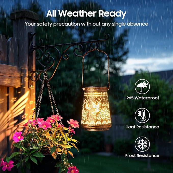 4 Pack Solar Lanterns Outdoor Waterproof Birthday Gifts for Women Mom Grandma, Hollowed-Out Metal Hummingbird Hanging Solar Lantern Lights Outdoor Decor, 2 Lighting Modes for Yard, Patio