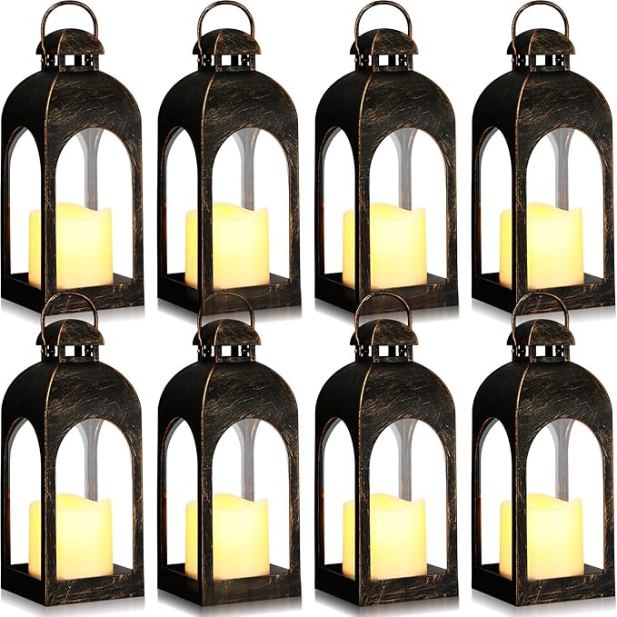 Tujoe 8 Pcs 10 Inch Decorative Candle Lantern Bulk for Wedding Centerpieces Lanterns with LED Flameless Candle Indoor Outdoor Hanging Lights for Wedding Party, Battery Included (Dark Bronze)