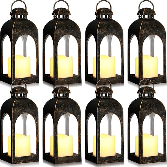 Tujoe 8 Pcs 10 Inch Decorative Candle Lantern Bulk for Wedding Centerpieces Lanterns with LED Flameless Candle Indoor Outdoor Hanging Lights for Wedding Party, Battery Included (Dark Bronze)
