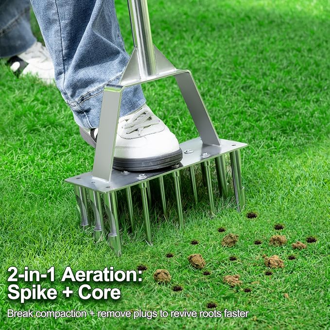 2 in 1 Lawn Aerator & Core Aerator Tool, Stainless Steel Spike Manual Dethatching & Soil Aerator Lawn Tool with 9 Spikes & 6 Cores, Semi-Assembled Grass Aerator for Lawn, Yard Plug Aerator