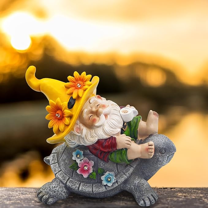 Garden Gnomes Outdoor Decor - Funny Sunflower Gnome Sitting on Turtle with Solar Lights, Gnomes Decoration for Lawn Yard Patio, Garden Gifts for Women, Mothers Day, Housewarming