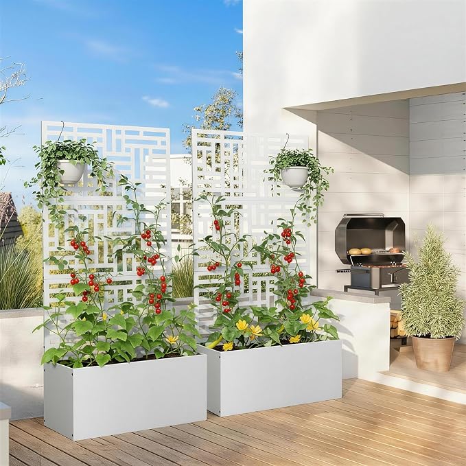 VINGLI 71"H Metal Raised Garden Bed with Trellis, Outdoor Planter Box for Climbing Vegetables, Fruits and Flowers, Privacy Screen, for Backyard, Patio, Balcony (White)