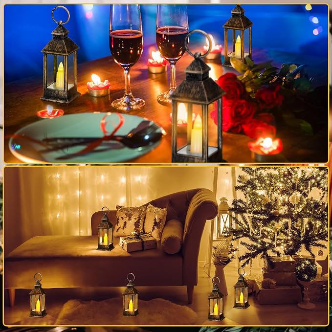 Hoolerry 24 Set 5.5'' Mini Lanterns with LED Candle for Wedding Centerpiece Vintage Decorative Hanging Small Lantern Battery Powered for Halloween Wedding Table Centerpiece(Rustic)