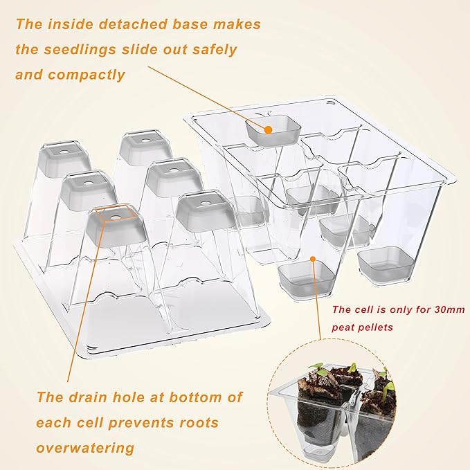 Gardzen 10 Pack Push-Up Seed Starting Tray, Pop Up Plant Germination Trays, Seed Starter Kit with Adjustable Humidity Vented Dome, 6.6" x 4.5", Total 120-Cell, Clear
