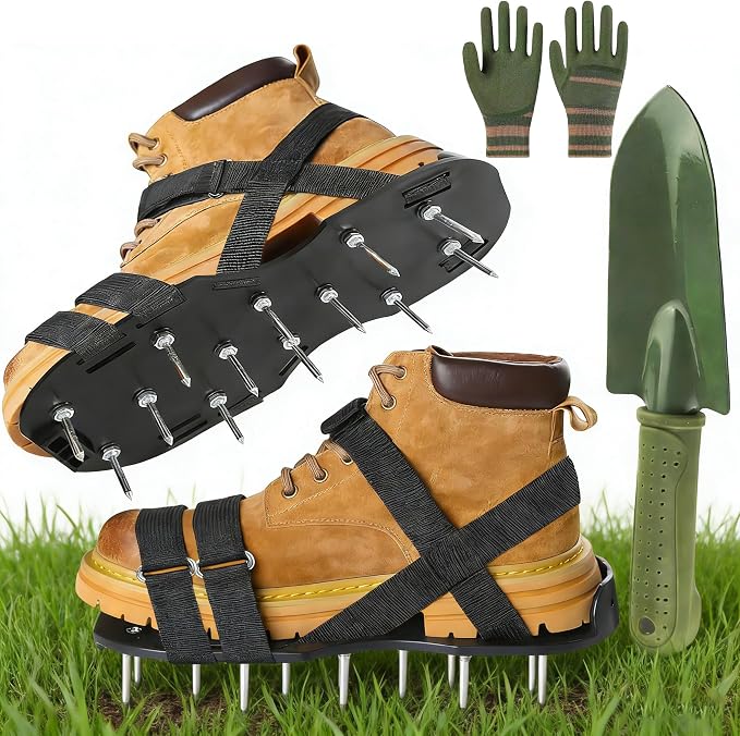 Lawn Aerator Shoes with 2.2'' Heavy Duty Spikes & Metal Shovel & Garden Gloves, Adjustable Hook & Loop Straps, One Size Fits All, Epoxy Shoes for Yard Garden Soil Aeration Tool