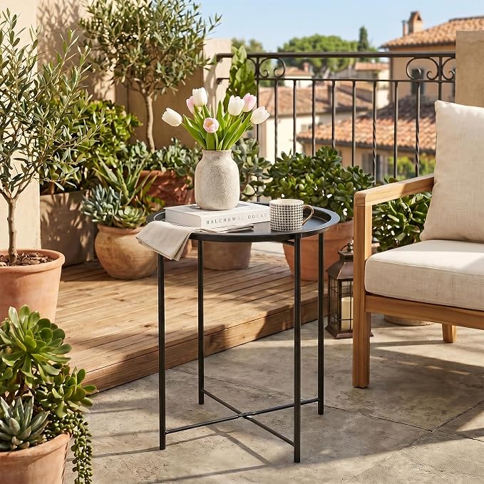 VECELO Side/End Table, Folding Round Metal Anti-Rust and Waterproof Outdoor or Indoor Tray for Living Room Bedroom Balcony and Office, 2 PCS, Black