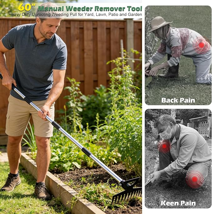 Weed Puller Tool with Long Handle, 60" Manual Weeder Remover Tool, 2 in 1 Hand Weed Rake and Garden Hoe for Gardening, Uprooting Weeding Tool for Yard, Lawn, Patio, Garden