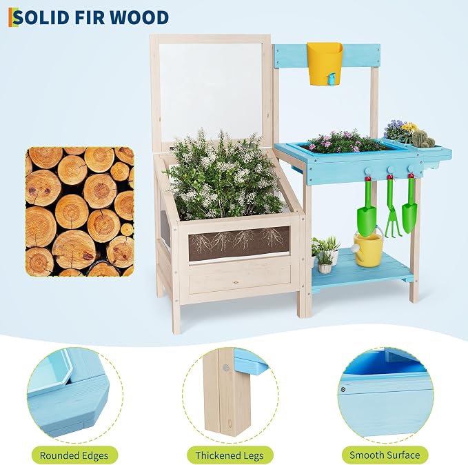 Outdoor Garden Potting Bench Table All-Weather Garden Table Work Station with Transparent Planter Box Raised Garden Bed 3 Side Plant Pots and Storage Shelf for Lawn Garden