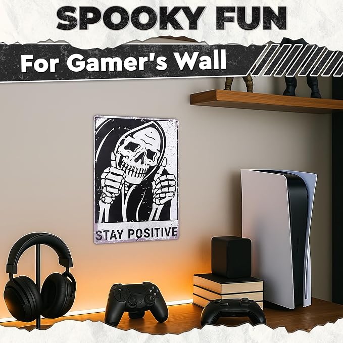 Stay Positive Skull Tin Sign – Retro Funny Wall Art 8×12 Inch | Vintage Metal Skull Decor for Man Cave, Bar, Bedroom, Garage or Office, Goth Home Decor – Indoor and Outdoor Use, Unique Gift Idea