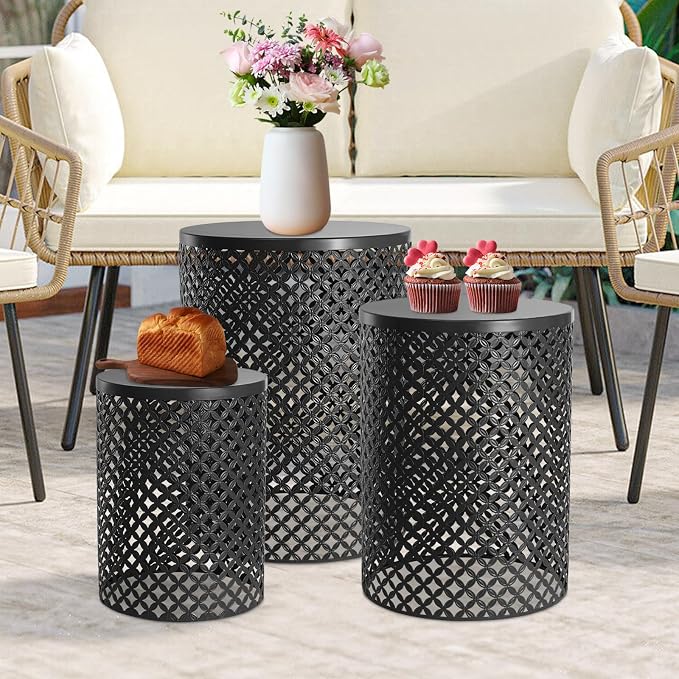 Cylindrical Outdoor Side Tables Set of 3, Metal Frame Accent Table End Table, Vintage Side Tables for Patio Gardens Balconies Cafes Parks