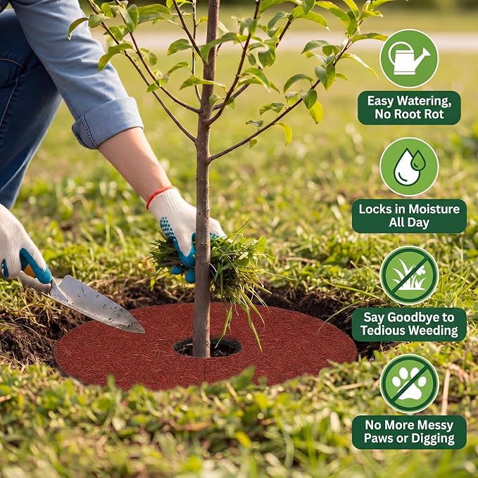 Peryiter Double Side Rubber Mulch Tree Ring, Heavy Duty Rubber Mulch Mat, Tree Root Protector Mat Reversible Round Root Ring Weed Barrier for Prevent Animal Dig (12 Pcs,Red)