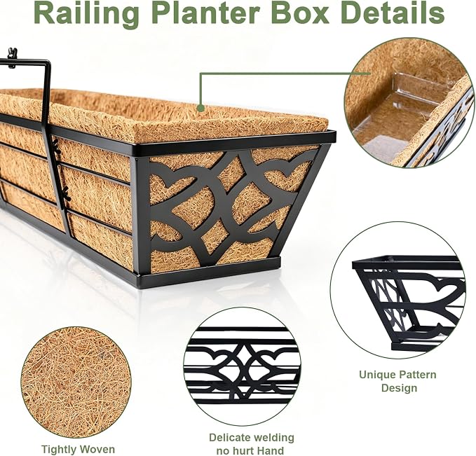 4 Pack 24 Inch Window Boxes Planters with PET Tray and Coco Liner, Metal Railing Planter Boxes for Outdoor Plants, Heavy Duty Hanging Garden Trough for Porch Deck Railing and Backyard Fence