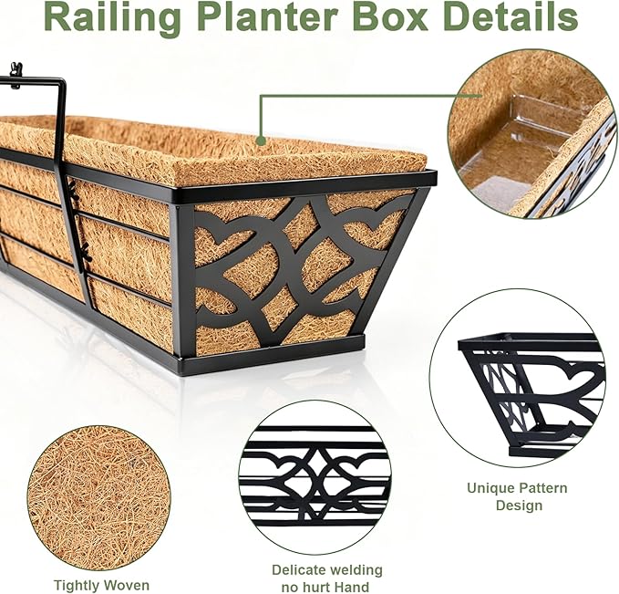 2 Pack 24 Inch Railing Planter Boxes with PET Water Storage Tray & Coco Liner, Window Boxes Planters for Deck Railing, Metal Hanging Flower Box for Outdoor Balcony Fence and Patio Garden