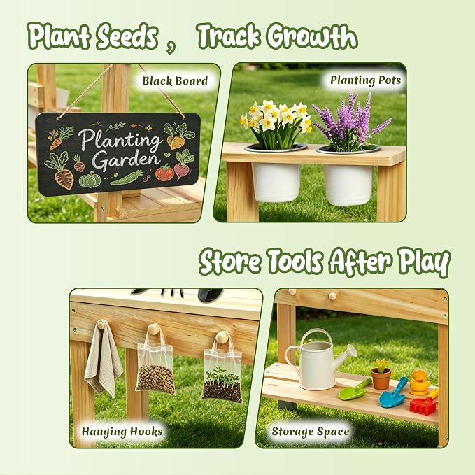 Beipoo Kids Potting Bench with Clearview Planter, Outdoor Mud Kitchen for Kids, Wooden Garden Station with Faucet, Chalkboard, Sink, Plant Pots, Cooking & Planting Toy for Toddler Boys Girls Ages 3+