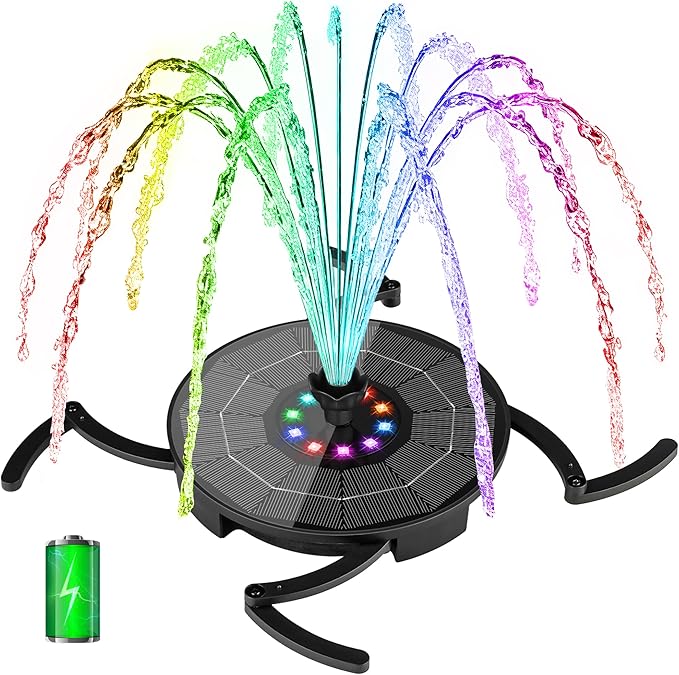 Solar Fountain with LED Lights, Solar Bird Bath Powerd Fountain Works in Cloudy & 2000mAh Battery Backup, 4 Fixed Rods, 7 Nozzles, Outdoor Water Fountain for Brid Bath, Garden, Pool, Pond
