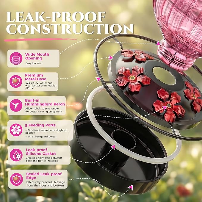 2 Pack Glass Hummingbird Feeder for Outdoors Hanging, Bird Nectar Feeder with Perch & 5 Flower Feeding Ports, 26 Oz Leak Proof for Outside Garden Decor Backyard, Gifts for Women Mom, Red + Pink