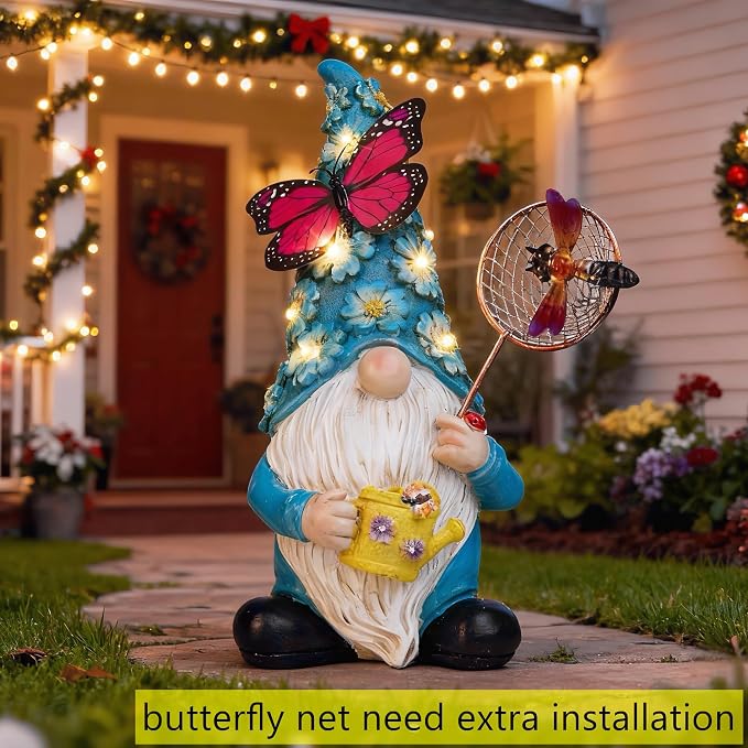 Garden Gnome Statues Outdoor Decor Solar Gnomes with Butterfly on LED Lighted Flowers, Resin Blue Gnomes Sculpture for Patio Yard Lawn Onament Decoration