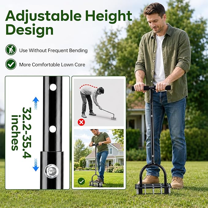 Lawn Aerator - 2-in-1 Manual Aerator with Automatic Dirt and Leaf Clean, Heavy-Duty Reinforced 15 Spikes & Ergonomic T-Handle for Lawn Maintenance, Garden Care, Yard Work (Black)