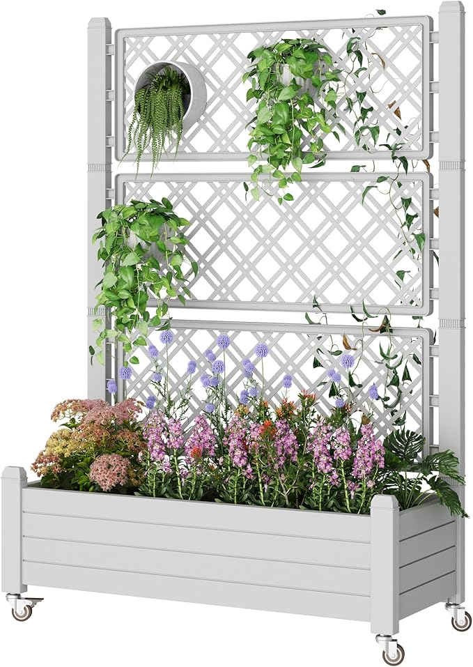 Resin Raised Garden Bed with Trellis and Wheels, Planter Box with Trellis Outdoor, Raised Planter with Trellis with Drainage Holes & Water Monitor for Climbing Plants, Ashen(61.2" H)