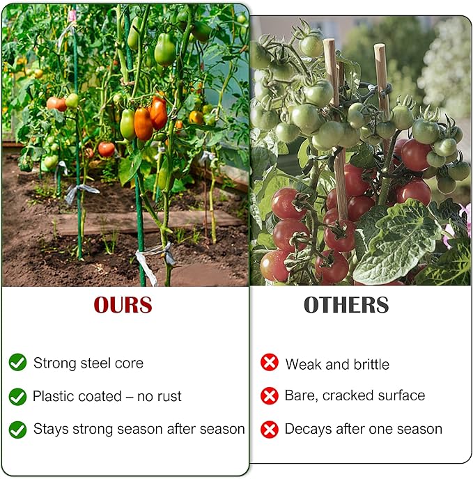 FORUP Garden Stakes, 25 Pack Steel Plant Stakes with Plastic Coating for Climbing Plants, Tomato Eggplant Bean Support, Rust-Resistant Outdoor Garden Stakes (48 Inch)