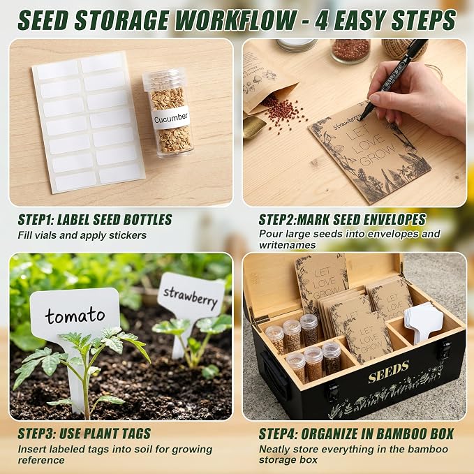 Large Seed Storage Organizer Box with Handle, Bamboo Wood Seed Packet Storage, Seed Holder Organizer, Seed Saving Box with Safety Lock, Seed Envelopes and Labels, Great Gifts for Gardener