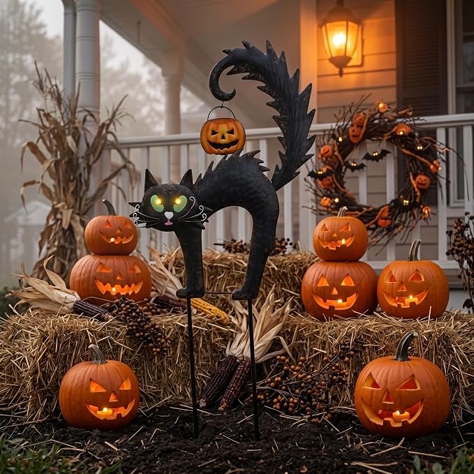 TERESA'S COLLECTIONS Halloween Garden Stake,Metal Black Cat with Jack-o'-Lantern Solar Light Decor,Spooky Yard Art Sign for Lawn Patio Porch,25"