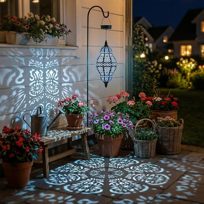 Twinkya 2 Pack Hanging Solar Lights Outdoor Garden Decor, Waterproof Plastic Moroccan Solar Powered Lantern Lamp, Outside Decorations for Patio Yard Porch Backyard Decor, Gardening Gifts for Women Mom