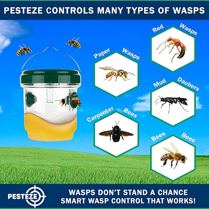 PESTEZE USA Reusable Solar Hanging Wasp Trap with LED Light [Green: 3.5 x 4.4 Inch] Attracts, & Stop Wasp, Hornet, Yellow Jacket & Insect Species 24/7 Without Harsh– Waterproof Outdoor Trap