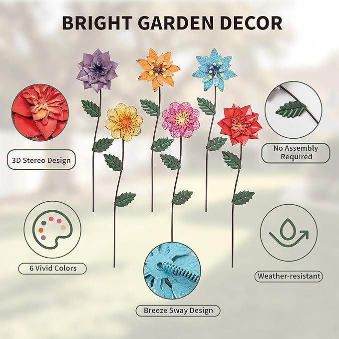 YEAHOME Garden Decor for Outside, 6 Pack Flower Garden Stakes Outdoor Decor Metal Shaking Head Yard Art, Weather Proof Flower Stakes for Yard Porch Lawn Pathway Pot Decorations(Multi-Color)