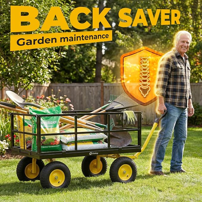 Sekey 1600 lbs Heavy Duty Steel Garden Cart for Farm & Construction, 12 Cu.Ft. Extra-Large Utility Wagon with Removable Sides, 2-in-1 Towable Handle, 13" Rubber Tires, Black