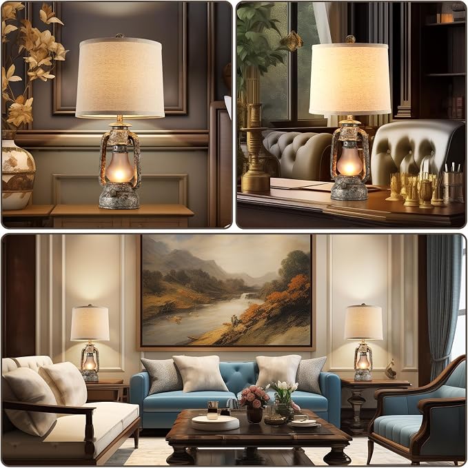 Farmhouse Rustic Table Lamps Set of 2, Iron Gray | Vintage Lantern Design, Dual USB Ports, For Living Room Bedroom Bedside, 4 Bulbs Included