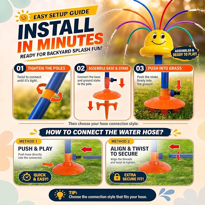 Water Sprinkler for Kids Ages 3-8, Smile Face Rainbow Outdoor Water Toy with 8 Wiggle Tubes and 4 Side Nozzles, Dancing Backyard Lawn Splash Game, Summer Yard Gift for Boys Girls