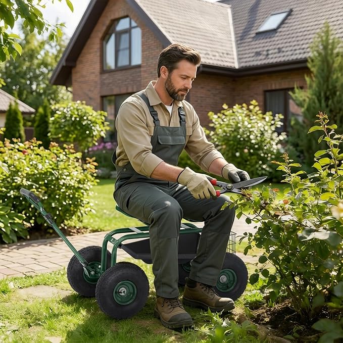Rolling Garden Work Seat with Wheels, 400lbs Heavy Duty Garden Cart, 360° Swivel Adjustable Height Rolling Stool, Extendable Handle, Storage Basket & Tray for Gardening, Lawn Care, Adults & Seniors
